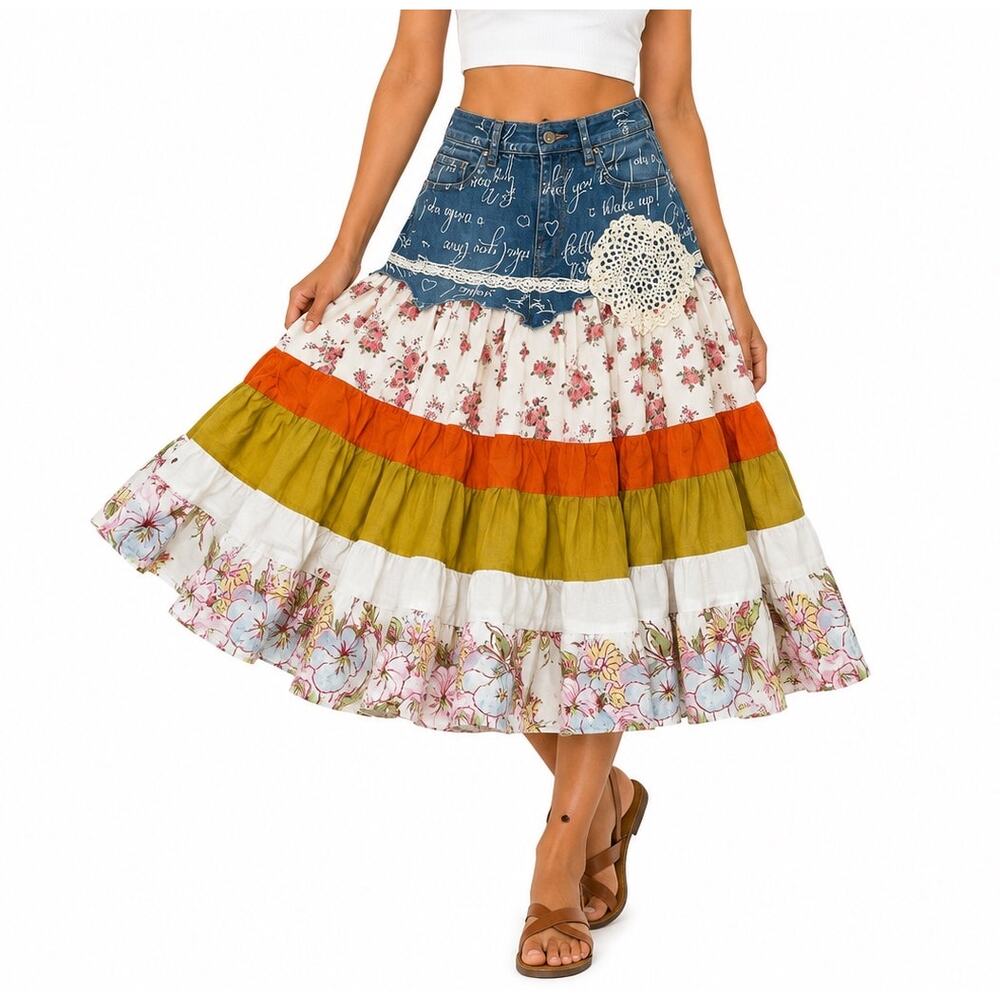 High Rise Size 10 Upcycled Denim Floral Tiered Boho Maxi Skirt Lace OOAK